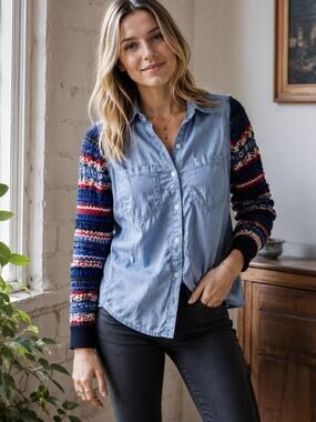 FP WE THE FREE Chambray Knit Sleeve Shirt XS Boho Eclectic Mixed Media